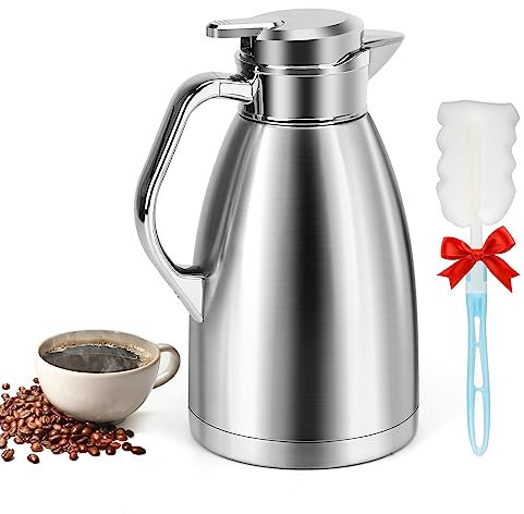 Coffee Carafes for Keeping Hot, ShineMe Stainless Steel Thermal Coffee Carafe with Cleaning Brush, Double Walled Vacuum Coffee Thermos,61oz Insulated Tea & Coffee Dispenser, Long Heat/Cold Retention