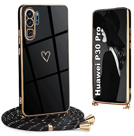 Ptny Mobile Phone Chain Case for Huawei P30 Pro, Love Heart Pattern Electroplating TPU Silicone Bumper, Adjustable Strap for Hands Free, Black