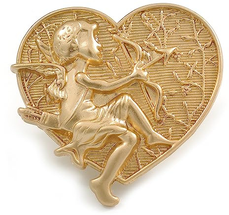 Broche dorée mate en forme de cœur et de Cupidon – 45 mm de haut
