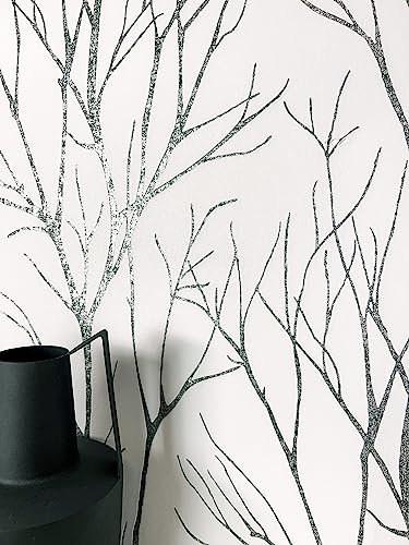 NEWROOM Tapete Weiß Vliestapete Äste - Blumentapete Floral Schwarz Zweige Äste Romantisch Zweige Vintage inkl. Tapezier-Ratgeber