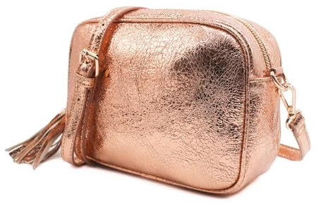 Ladies Tassel Soft Leather Metallic Shade Camera Lighweight Messenger Shoulder Handbag Cross Body Bag For Women- ROSE GOLD
