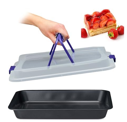 Relaxdays Teglia con Coperchio, Pirofila Rettangolare, Casseruola Portatorte con Manici, 3in1, LxP 40,5 x 32,5 cm, Blu, Acciaio