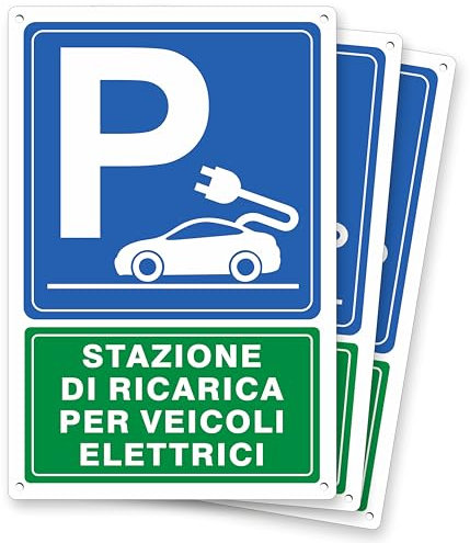 Pubblimania 3 Parcheggio Ricarica Auto Elettriche | Set 3 Cartelli in Alluminio composito spessore 3 mm, per esterno/interno (Cm 30x40, 3 Parcheggio ricarica ita)