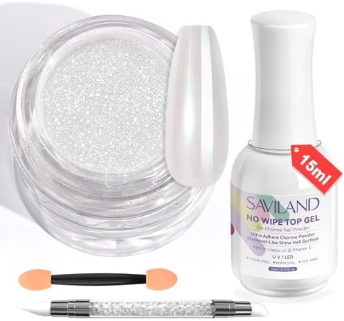 SAVILAND White Pearl Chrome Nail Powder with No Wipe Top Gel: Pearl Aurora Glitter Holographic Chrome Powder Metallic Mirror Effect Pigment Chrome for Nail Art Home Salon DIY