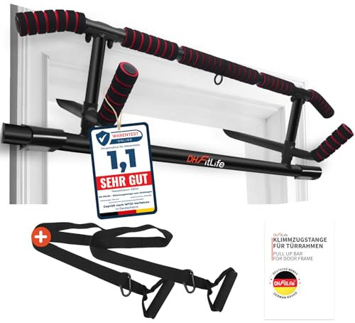 DH FitLife Barra de Dominadas para Marco de Puerta sin Tornillos | Pull up bar Doorway | Barra de Tracción Multifuncional para Colgar | incl. Entrenador de Suspensión | para Puerta de 70 – 92 cm