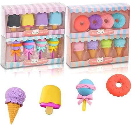 ieron Radiergummi-Set, 4 Stile, niedlich, niedlich, niedlich, Mini-Neuheit, Lutscher/Eis/Donut, kreativer Radiergummi, Schreibwaren, Schule, Bürobedarf, Kindergeburtstagsparty-Gastgeschenke