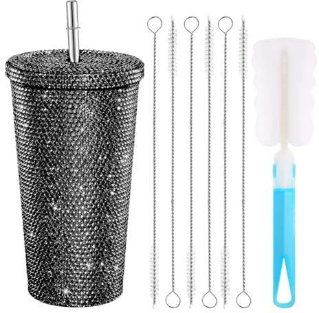 EHOTER Studded Bling Diamond Tumbler Glitter Water Bottle with Lid Stainless Steel Vacuum Thermal Straw Tumbler Rhinestone Tumbler with 1 Pcs Cup Brush 6 Pcs Straw Brushes for Women (Black)