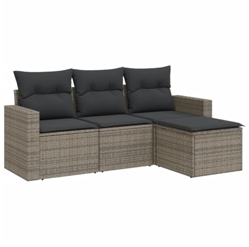 vidaXL Garten Sofa Garnitur 4-TLG., Gartenmöbel Set mit Kissen, Rattanmöbel für Garten Terrasse, Modular Gartensofa Hocker Lounge Sitzgruppe, Grau Poly Rattan