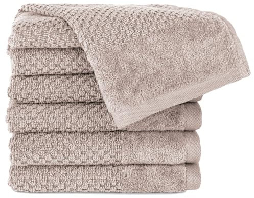 Pure Label 6-TLG. Gästehandtücher 30x50 cm mit Aufhängeschlaufe aus 100% Baumwolle, saugstark, weich und Oeko-TEX Zertifiziert - 6 Gästehandtücher Beige - Taupe, 30x50 cm