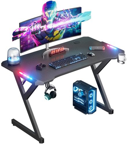 HLFURNIEU LED Scrivania Gaming 100 x 60 cm, Postazione Gaming Ergonomica, Tavolo Gamer con Tappetino per Mouse, Portabicchieri e Ganci Per Cuffie, Scrivania Gamer Nero
