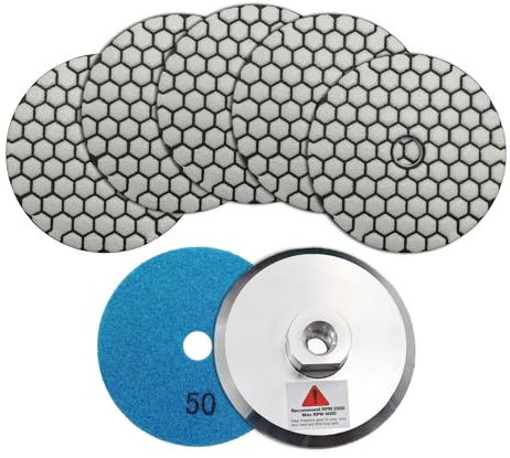 SHDIATOOL Trockene-Diamant-Polierpads Korn 50 6Stück und Aluminium Backer Pad (1Set) Mit Rundschaft 100MM Beton Diamantschleifscheiben Marmor Granit Stein polieren