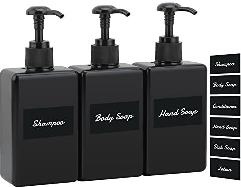 Segus Black Soap Dispenser Set - 3 Pieces 280ml Shampoo and Conditioner Dispenser, Plastic Hand Wash, Refillable Shower Gel Bottle, Soap and Lotion Set