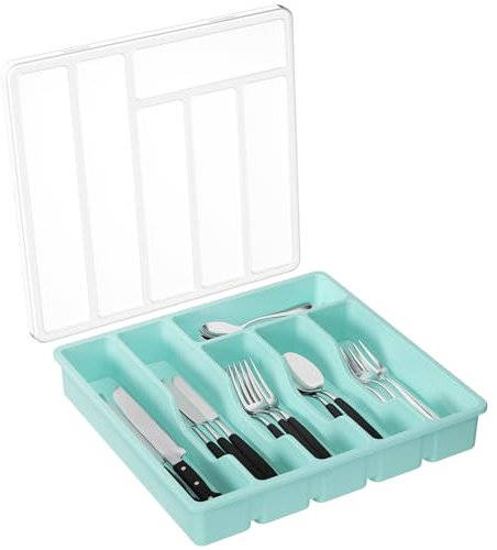Lifewit Besteckkasten mit Deckel, Besteckaufbewahrung für Küchenschublade und Arbeitsplatte, Besteckkasten für Schubladen aus Kunststoff für Löffel, Gabeln, Messer, Einsatz, 6 Fächer, Türkis