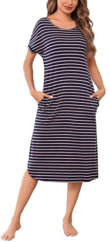 Litherday Chemise de Nuit Femme Longues Coton Robe de Nuit Col Rond | Manches Courtes Nuisette avec Poches Rayé Vêtement de Nuit