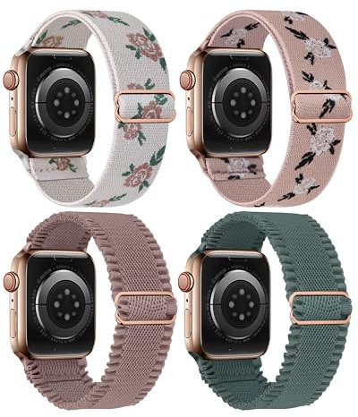 Fullmosa 4 Pack Correa Compatible con Apple Watch 40mm 41mm 38mm 42mm(Series10), Correa Nylon Elástico Deportiva de Repuesto para iWatch Series SE/10 9 8 7 6 5 4 3 2 1 Para Mujeres y Hombres