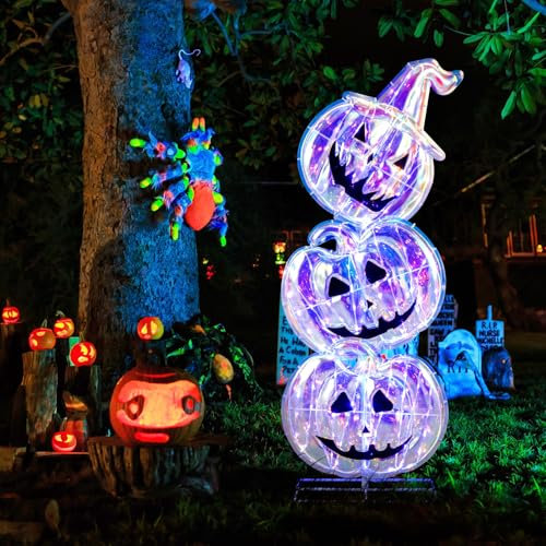 COSTWAY 4FT/3.4FT Halloween Decorations, Light Up Stacked Ghost Pumpkin with 120/150 Led Lights, Halloween Yard Sign for Outdoor Indoor Festival Decor (Pumpkin, 3.4FT)