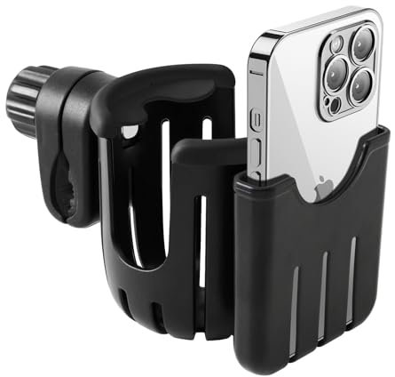 Pram Cup Holder with Phone Holder, Universal Stroller Mobility Scooter Cup Holder, Large Caliber Designed Universal Drink Coffee Holder for Bikes, Trolleys, Walkers or Golf Trolley, Fits Most Cups