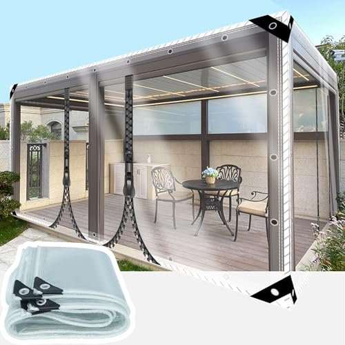 SSFMSF Transparent Tarpaulin Cover with Metal Eyelets, 0.35mm Heavy Duty Waterproof PVC Waterproof Anti-Aging Soft Glass Tarpaulin with 2 Zips for Garden Canopy Balcony. (H:2.4m * W:5.8m | 400g/m²)