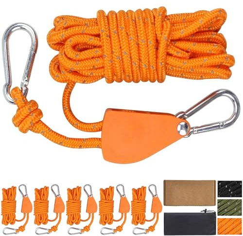Cveenk 6 Stück 13ft/4M Reflektierend Abspannseile Seil mit Seilspanner, Φ 4mm Nylonschnur Zeltschnur Spannschnur Camping Seil mit Seilratsche für Zelt Sonnensegel Zeltplane Camping (Orange)