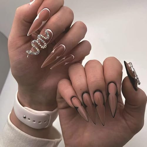 MouyouGlow Press on Nails Lang,Stiletto Nude Rosa French 3D Crystal Schlange Fake Nails mit Nagelkleber,Black Diamant Snake Künstliche Fingernägel