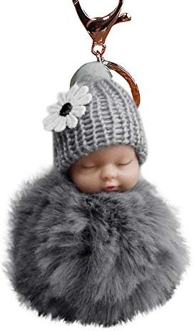 Jmwedia amazon mon compte Adorable porte-clés bébé avec pompon et charme de sommeil - mignon pendentif de poupée en peluche pour sacs, sacs à dos et sac à main (8cm, placage de métal)