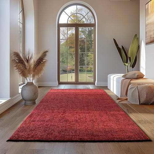Teppium Baumwolle Chenille Teppich Rot 240x340 cm Waschbar, Boho-Stil, Vintage Kelim, Kurzflor, rutschfest & Weich, Einfarbig Meliert, Für Wohnzimmer, Schlafzimmer, Büro & Küche