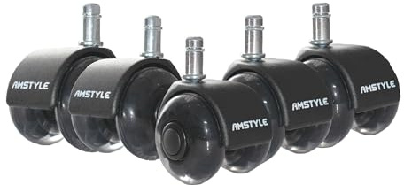AMSTYLE Rollen 5er Set für Bürostuhl Universal, 11 mm Stift 50 mm | Schwerlastrollen für Hartboden und Teppich, gummierte Lauffläche leise, Drehstuhlrollen mit Markendruck, Ersatzrollen