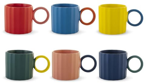H&H – Set de 6 tazas desayuno Delight, new bone china 420 ml, colores surtidos con asa redonda en contraste, elegantes y aptas para uso diario