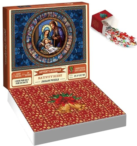 Weihnachtsab Adventskalender 2023 24 Teile Krippe Szene 1000 Stücke Weihnachts -Puzzle für Erwachsene Kinder Adventskalender Puzzle für Countdown zu Weihnachten