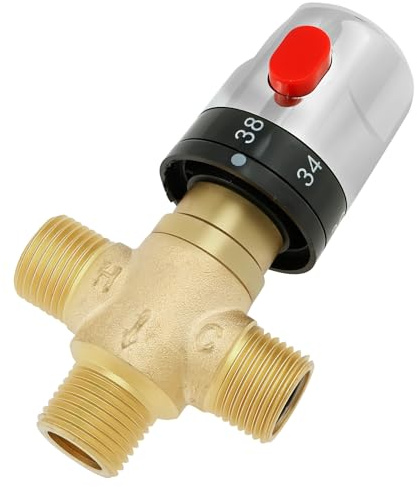 Thermostatic Mixing Valve for Shower System Water Temperature Control Pipe Basin Thermostat Control, Brass 3-Way Hot Cold Water Regulator 1/2 BSP (15mm) Connection