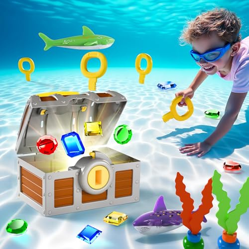 Funscape - Schwimmbadspielzeug für Kinder, Wassertauchset mit Schlüssel, Fischsteine, Schatztruhe zum Schwimmen im Freien, lustiges Geschenk zum Schwimmen