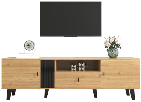 Hommdiy Stilvolle Eleganz: 170cm TV-Schrank mit Holz- und Schwarzdesign TV-Möbel Lowboard mit Schubladen Vielfältige Aufbewahrungsfunktionen einzigartiges Erscheinungsbild. Natural