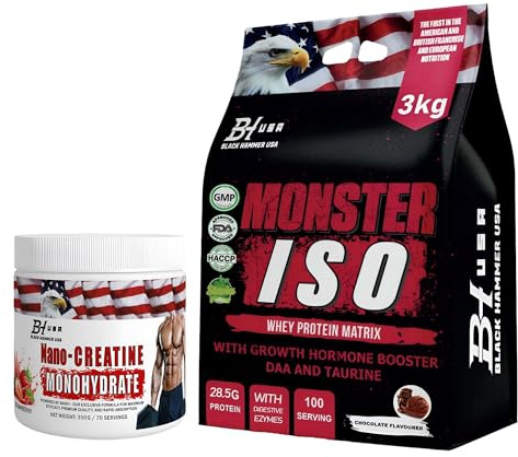 MONSTER ISO Whey Protein Isolat 3kg Schokolade, 28,5g Protein, 100 Portionen, DAA, Taurin, Verdauungsenzyme, Low Sugar, Muskelaufbau & Regeneration + Free Nano Erdbeere