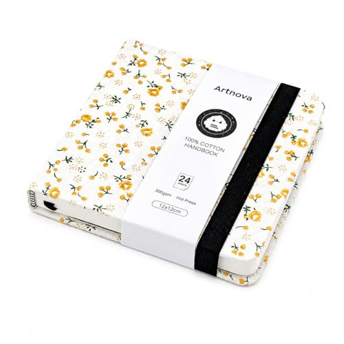 Sketchbook da viaggio 12 × 12 cm – Quaderno artistico 300 gsm Hot Press con copertina in cotone 100% - Blocco da disegno per acquerello, inchiostro, matita, olio e acrilico portatile (fiori)