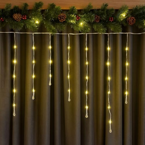 YASENN Eiszapfen Lichterkette mit Tropfen-Dekor | 5m Kabel, 2.4x0.7m Abdeckung, 5V Sicherheits-Transformator, 8 Modi + Timer | Weihnachtsdekoration Innen & Außen