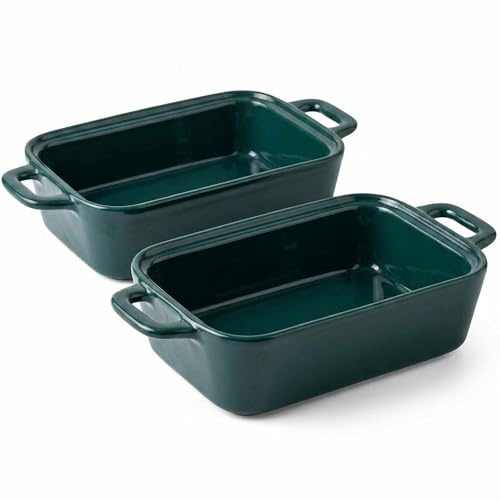 Emerald Green Ceramic Baking Dish Set of 2, Rectangular Lasagna Pan with Handles, 28x14x6cm, 950ml Capacity, Oven Safe Stoneware