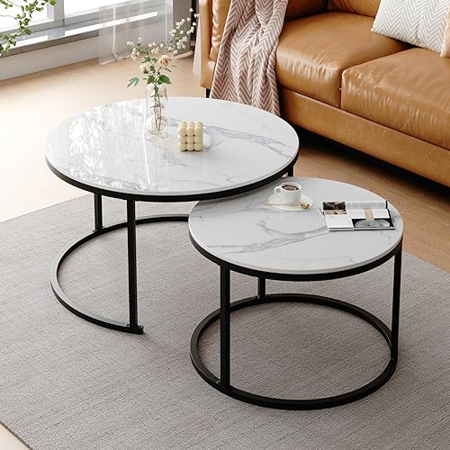 ZL ZELing Runder Nesting Couchtisch, weißer moderner dekorativer Couchtisch im 2er-Set, runder gesinterter Stein，Beistelltisch (68/48cm) für Wohnzimmer mit stabilem Metallrahmen.