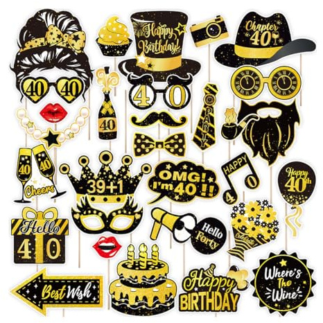 ZWWOGE Set di 30 Accessori per Photo Booth con Oggetti Divertenti e Occhiali da Festa - Accessori Versatili per Foto per Matrimoni e Feste di Compleanno - Ideale per 40 Anni Compleanno Donna e Uomo