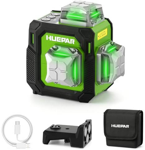 HUEPAR Laser Level 360 Self Leveling, 3 x 360° Compact Green Line Laser Rechargeable 3D Lazer Leveler Tool for Construction and Picture Hanging, Strong Magnetic Bracket&Hard Carry Case