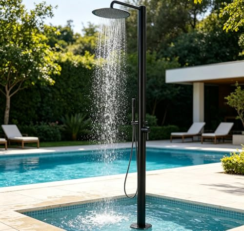 KUNYOS Gartendusche Edelstahl Freistehend Aussendusche Kalt Warm Pool Dusche Aussen Gebürstet Mit Kopf- Und Handbrause Ausgestattet,Schwarz