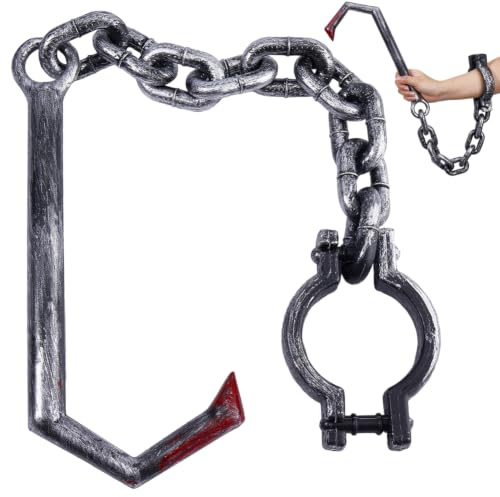 SOFPLATE 1Pc 83.5cm/32.87in Halloween Chain Prop Plastic Shackle Wrist Cuffs with Sickle Chain Black Costume Prop Butcher Costume Accessories for Cosplay Haunted House Party Fancy Dress Carnival Decor