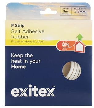 Exitex P Strip 5m Self-Adhesive EPDM Door & Window Draught Seal (White) | For 2–5mm gaps around doors and windows; white P-profile EPDM rubber with strong self-adhesive backing. Trims to fit.