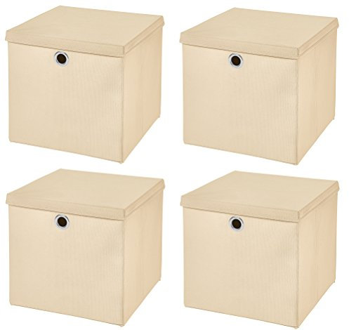Stick&Shine 4X Aufbewahrungs Korb Creme Faltbox 32 x 32 x 32 cm Regalkorb faltbar mit Deckel