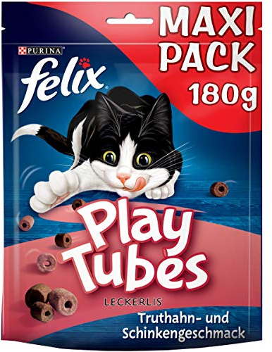 FELIX Play Tubes Katzensnack, Leckerli zum Spielen, mit Truthahn, 5 x 180g | Katzensnack mit Truthahn- und Schinkengeschmack