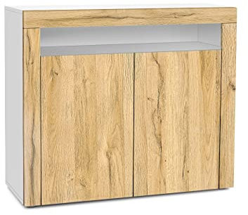 Vladon Kommode Valencia, Made in Germany, Sideboard mit 2 Türen und 1 offenem Fach, Weiß matt/Eiche Natur/Eiche Natur (108 x 92 x 40 cm)