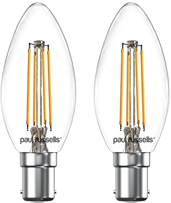 paul russells LED Candle Filament Light – 4.5W 40W Equivalent Replacement, 470LM Lumens, 2700K Warm White, SBC B15 Small Bayonet Cap C35 Bulbs – Bright Energy Saving Non-Dimmable Lamps - 2 Pack