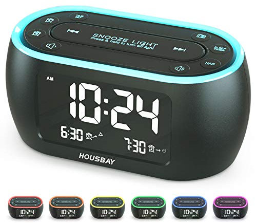 HOUSBAY Glow Small Alarm Clock Radio for Bedrooms with 7 Color Night Light, Dual Alarm, Dimmer, USB Charger, Battery Backup, Nap Timer, FM Radio with Auto-Off Timer for Bedside