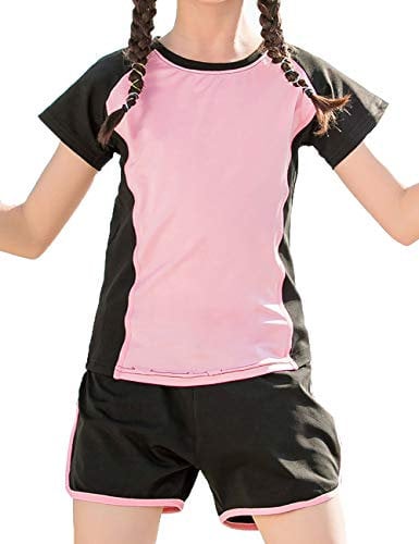 Echinodon Mädchen Sport-Set 2tlg Schnelltrockend T-Shirt + Shorts Trainingsanzug für Jogging Yoga Sommer Sportanzug (140, Pink)