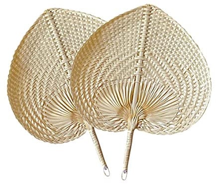 YHUS 2 ventilateurs en bambou naturel et rotin, motif de feuilles de palmier tissé à la main, ventilateur tissé en forme de coeur, ventilateur de refroidissement d'été, pour la décoration de la maison