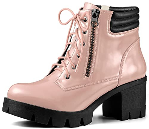 Allegra K Bottes de Combat à Talons épais et à Lacets pour Femmes Rose 37